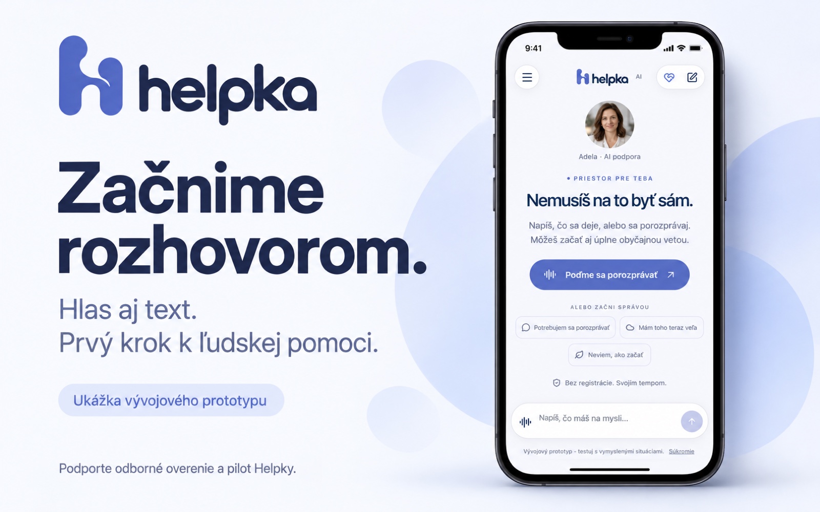 Začnime rozhovorom. Ilustračný návrh budúcej aplikácie HELPka s textom a hlasom v slovenčine.